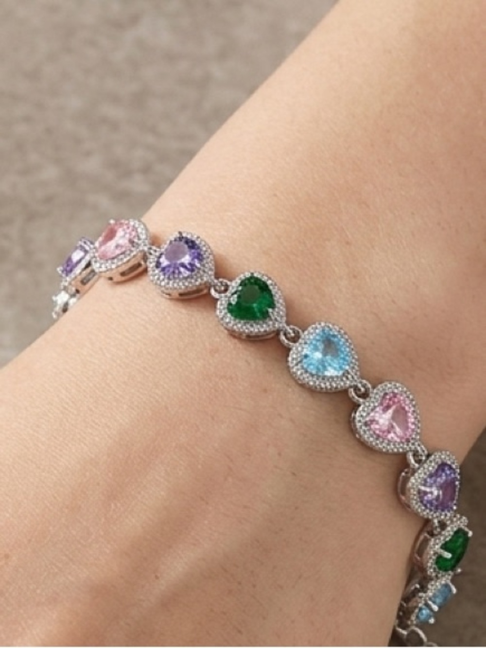 New Multi-Color Candy CZ Heart Tennis Bracelet | White Gold Filled 7"-7.5”